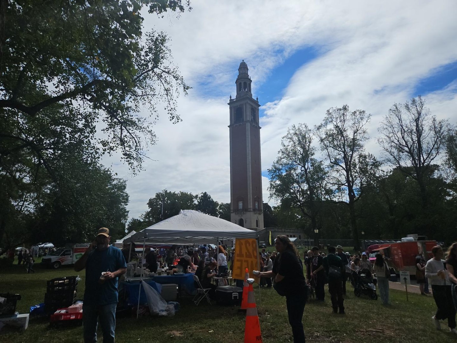 Crowd, tents, and the Carillon tower at Richmond VegFest.